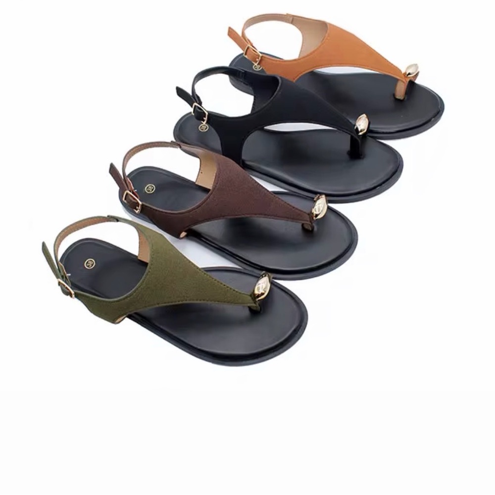 Wholesale 4Pcs Women’s T-Strap Casual Sandals in Olive, Brown, Black, and Tan